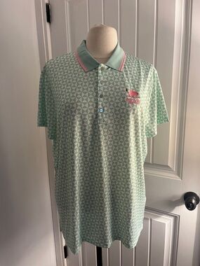 RLX Ralph Lauren Mint Green Geometric Polo with Pink Trim